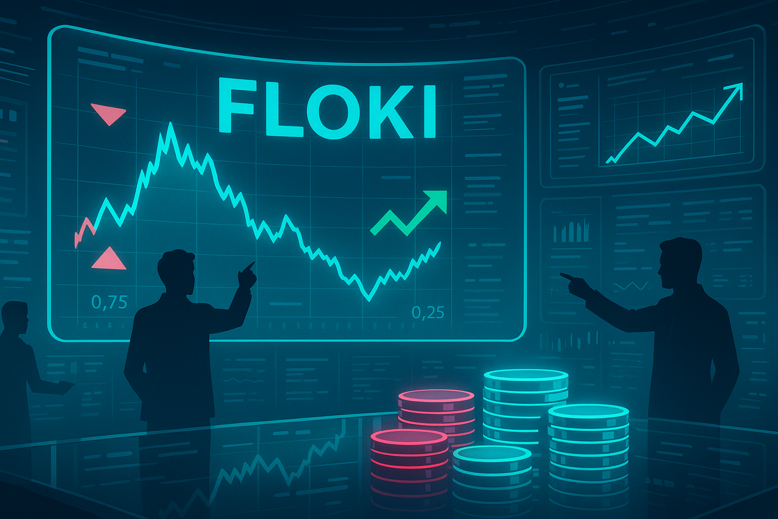 Futuristic crypto war room with holo-screens showing volatile FLOKI price chart