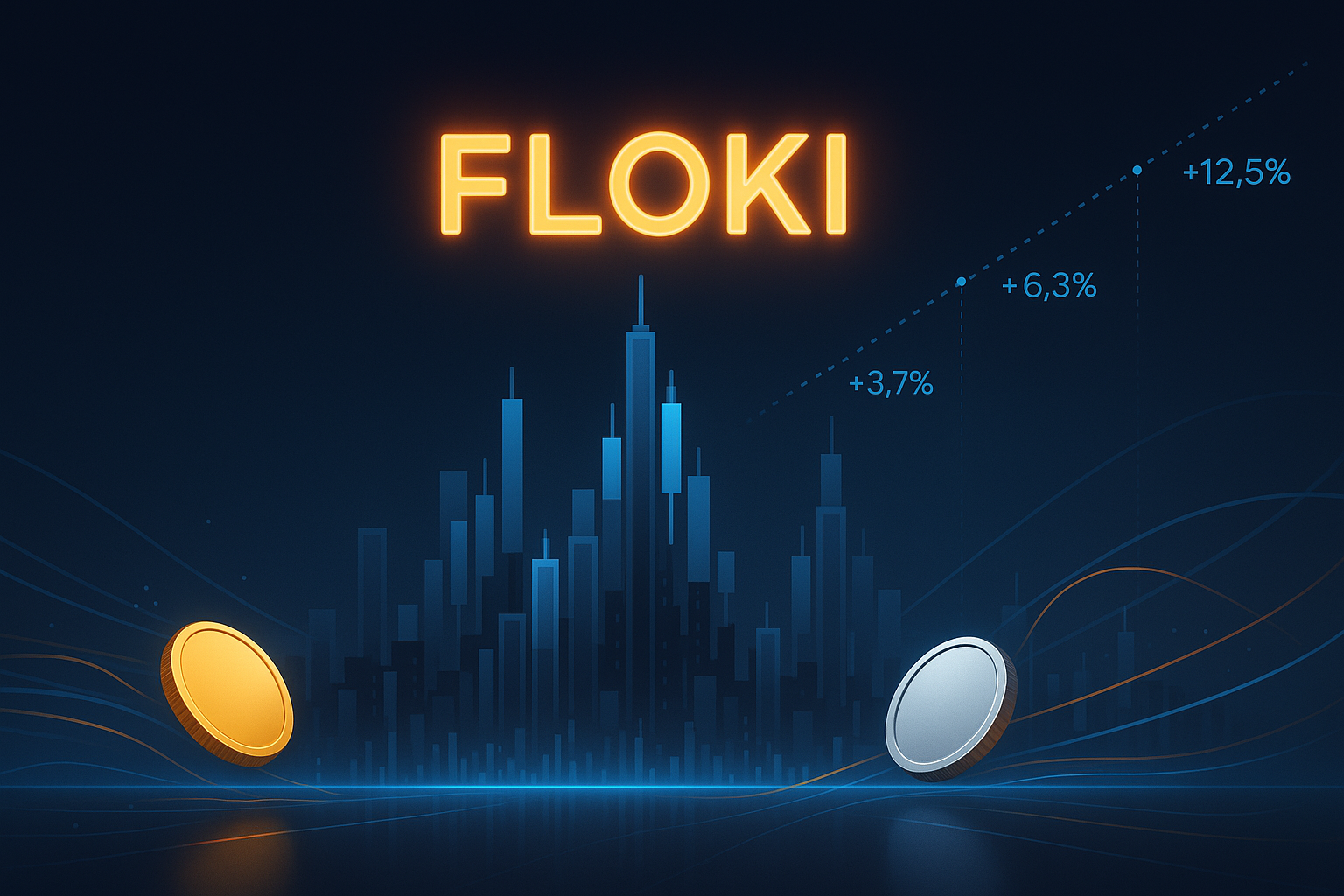 Futuristic crypto skyline banner with FLOKI price projection charts and coins