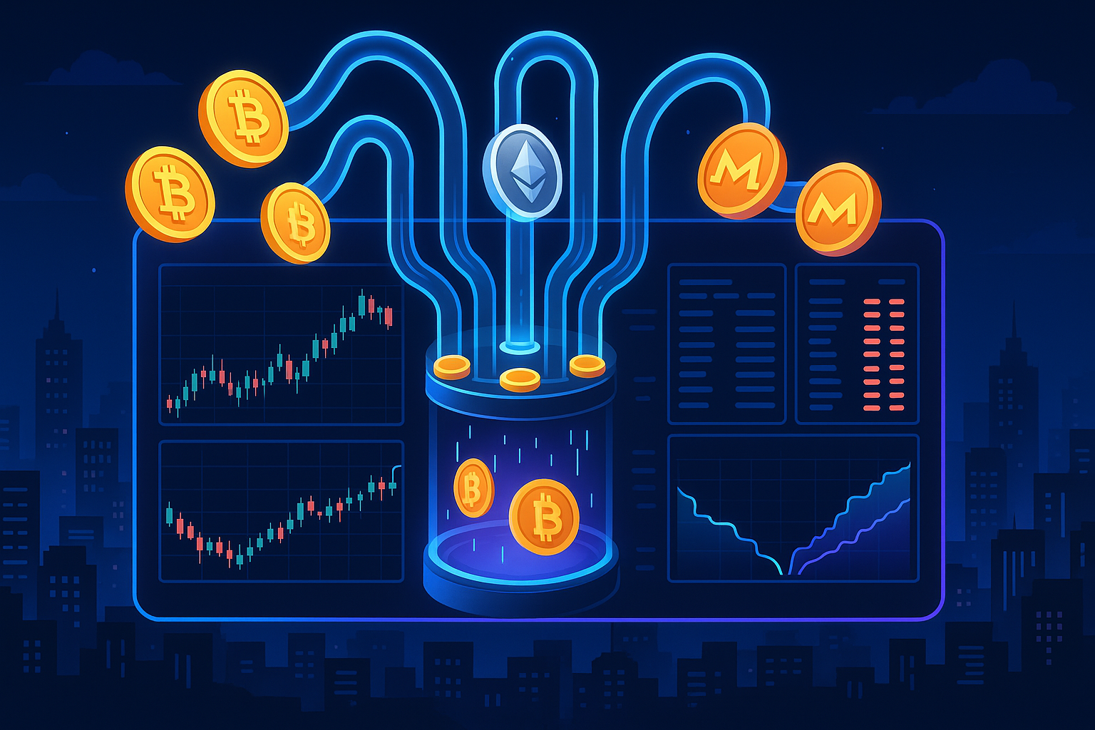 Futuristic crypto exchange dashboard with coins, charts, and order books above a neon city at night
