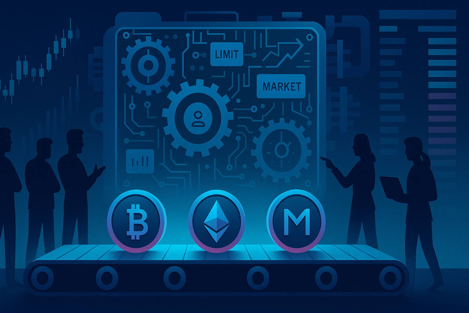 Futuristic crypto exchange engine with traders and digital order flow