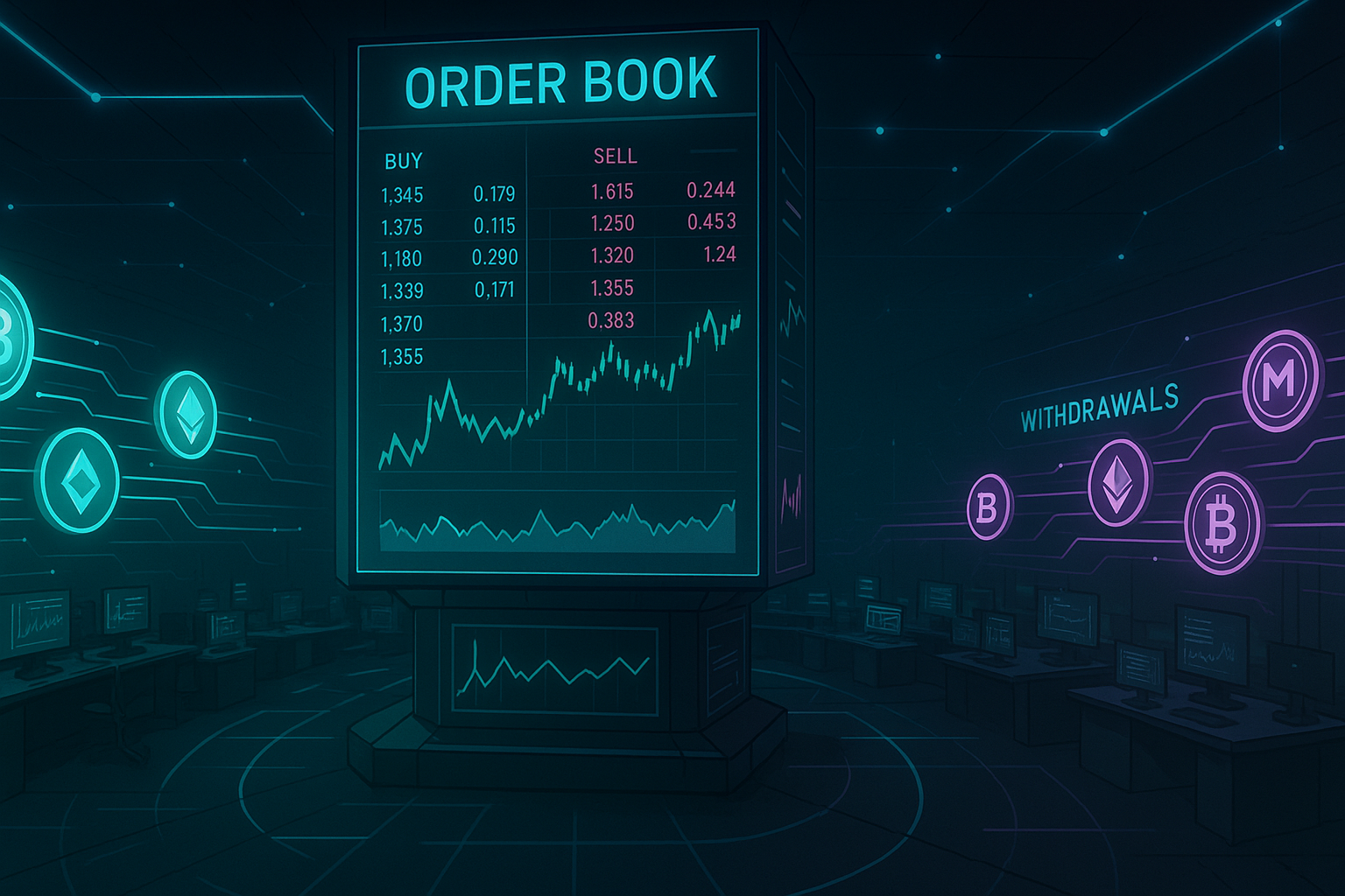 Cyber exchange floor with holographic order book and crypto flows