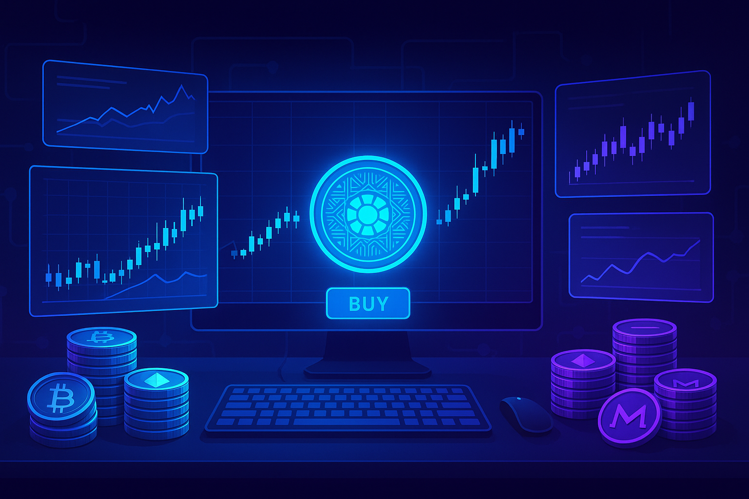 Futuristic crypto trading desk buying ADA with BTC, ETH and XMR