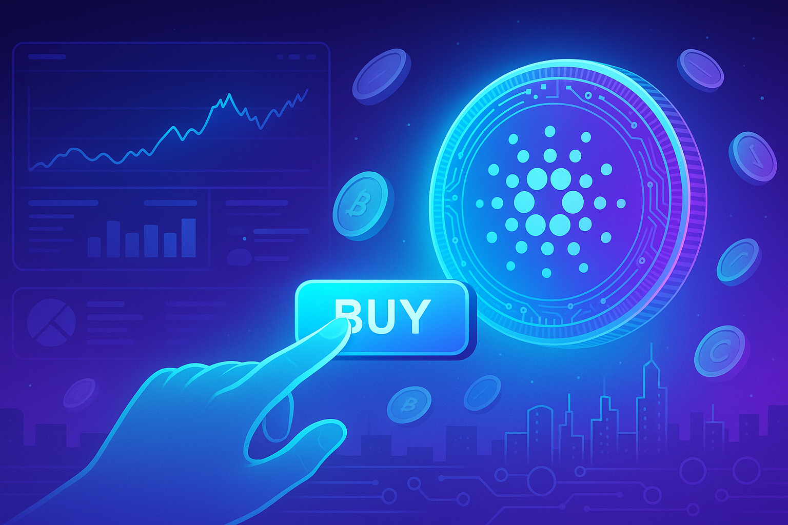 Digital dashboard with ADA-style coin and futuristic buy button for Cardano trading