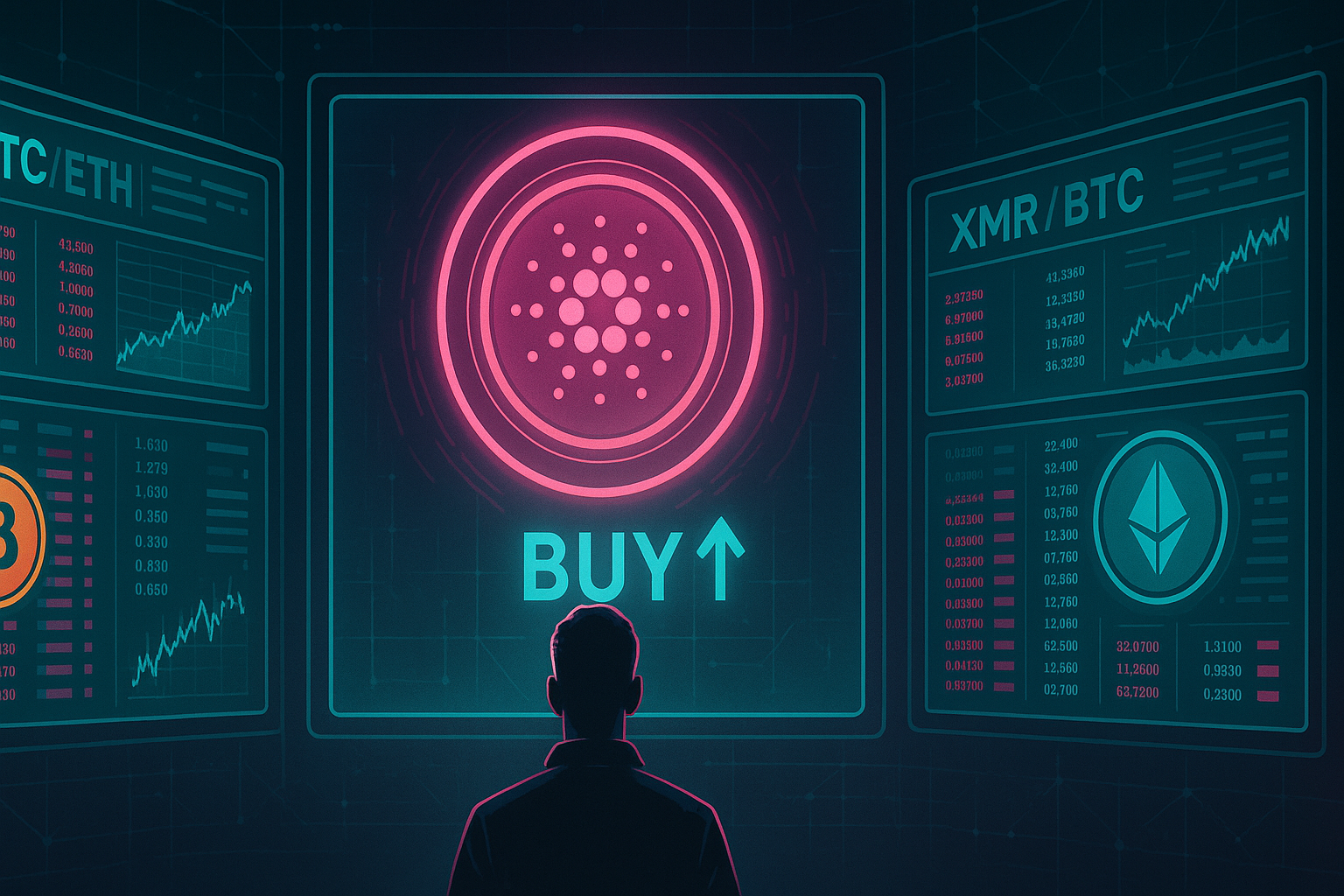Trader in dark room viewing holographic crypto screens focused on buying Cardano