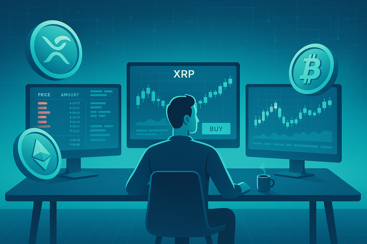 Crypto trader at multi-screen desk analyzing XRP price charts and buy orders