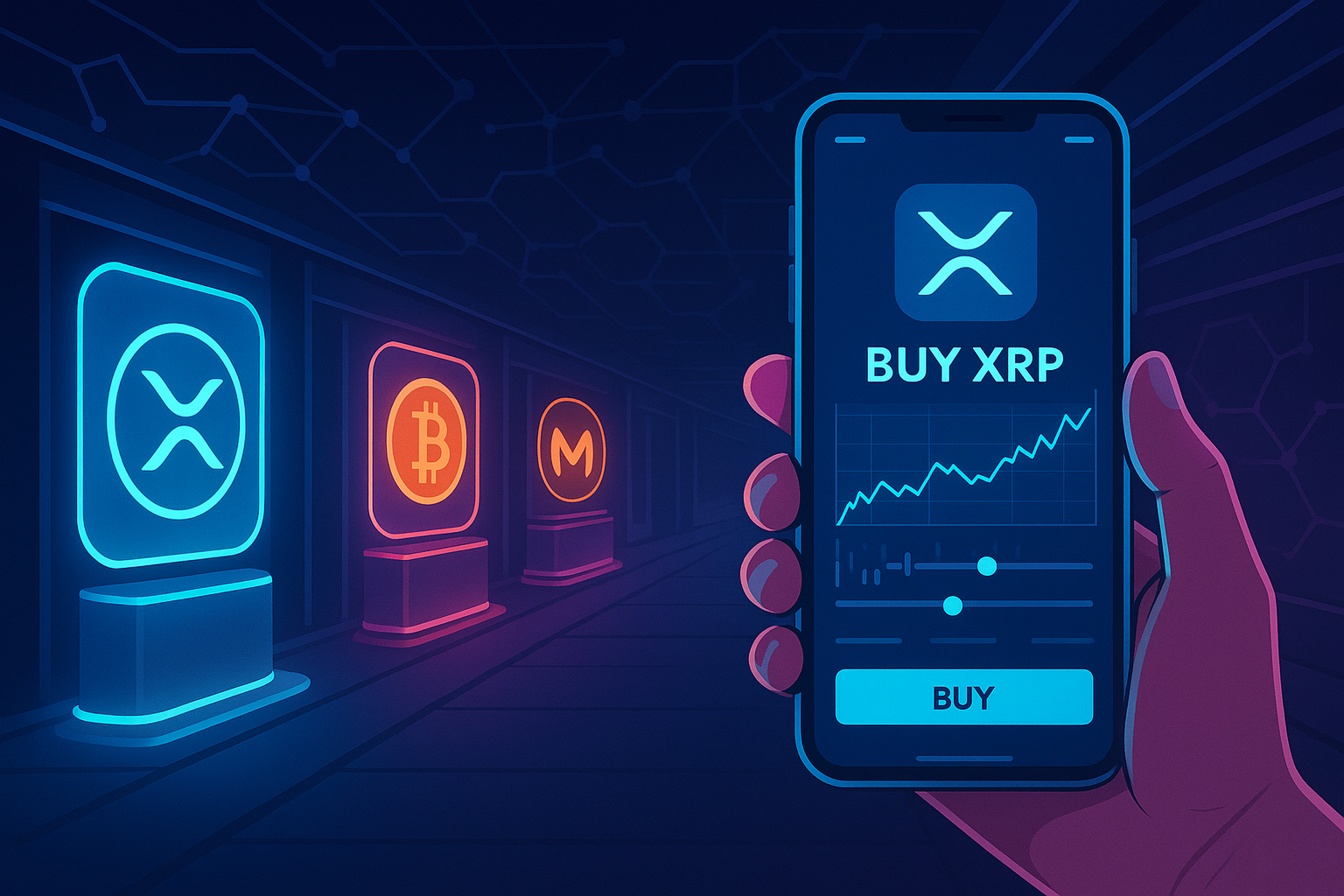 Futuristic crypto marketplace with phone showing Buy XRP screen