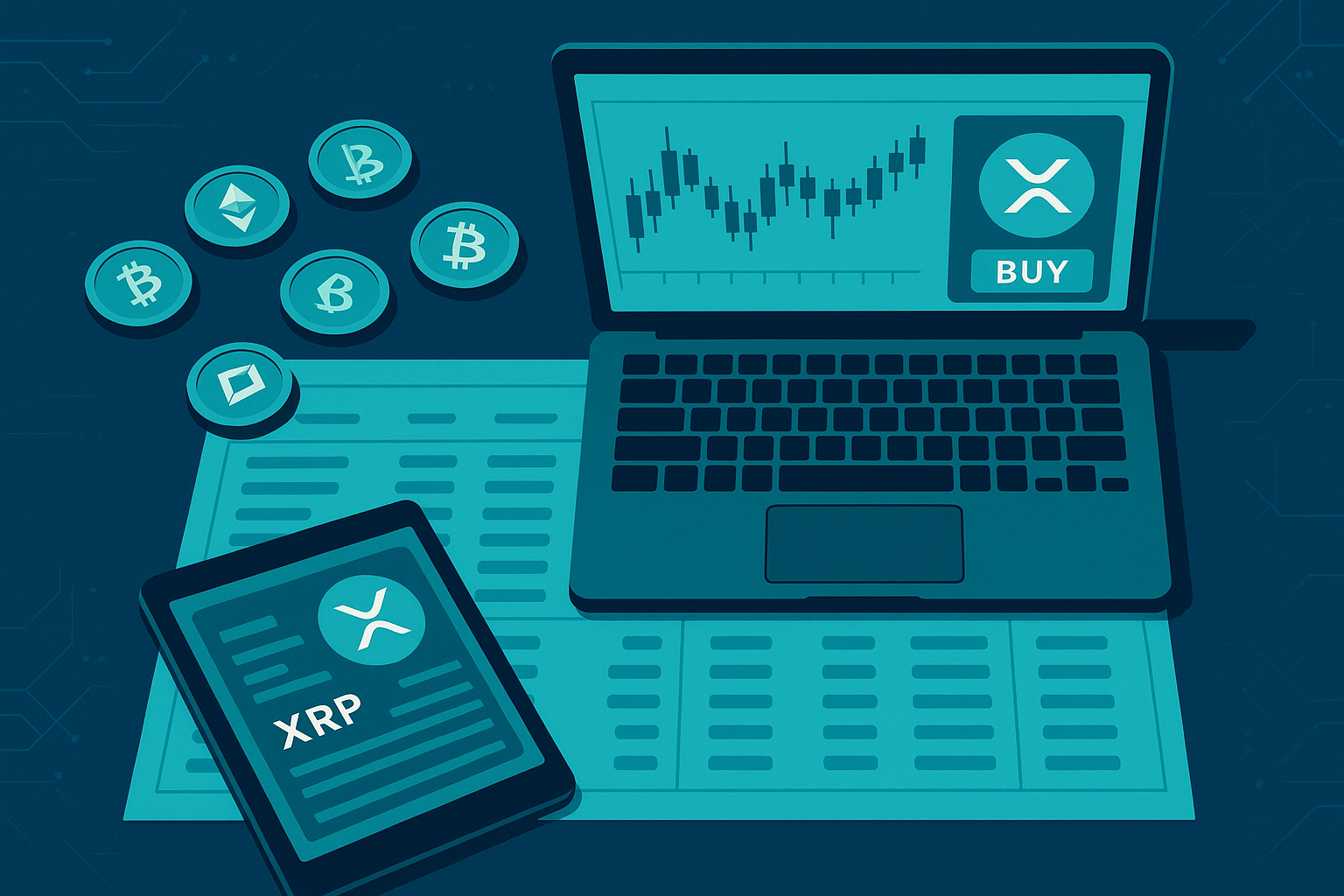 Digital trading dashboard showing XRP-like coin buy panel on crypto exchange