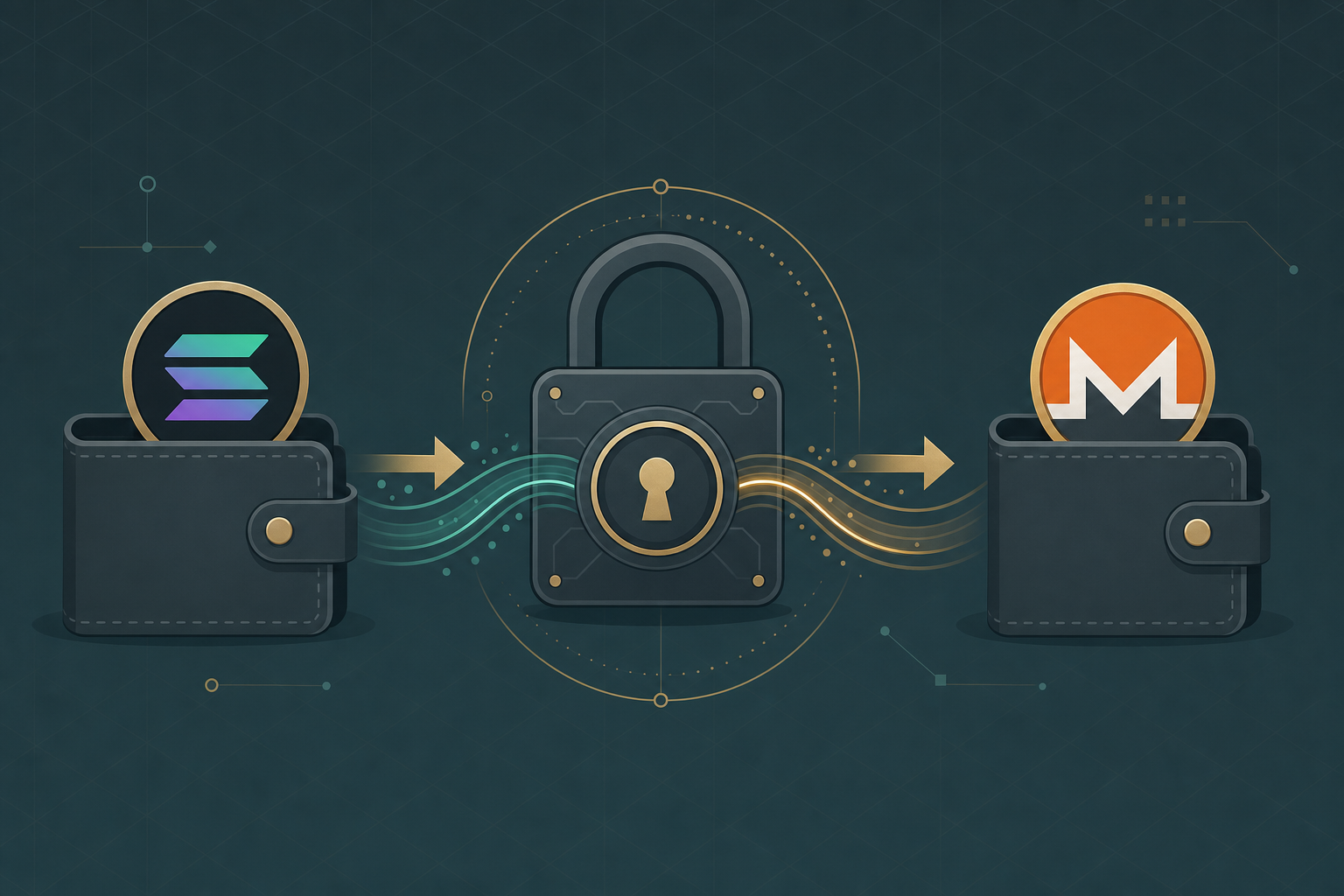 Solana token converting into a Monero token through a privacy lock, showing a non-custodial wallet swap flow
