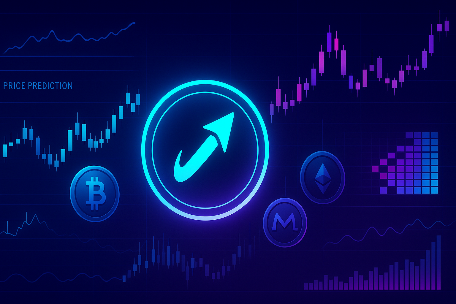 Futuristic crypto trading dashboard highlighting INJ price prediction with orbiting coins and neon charts