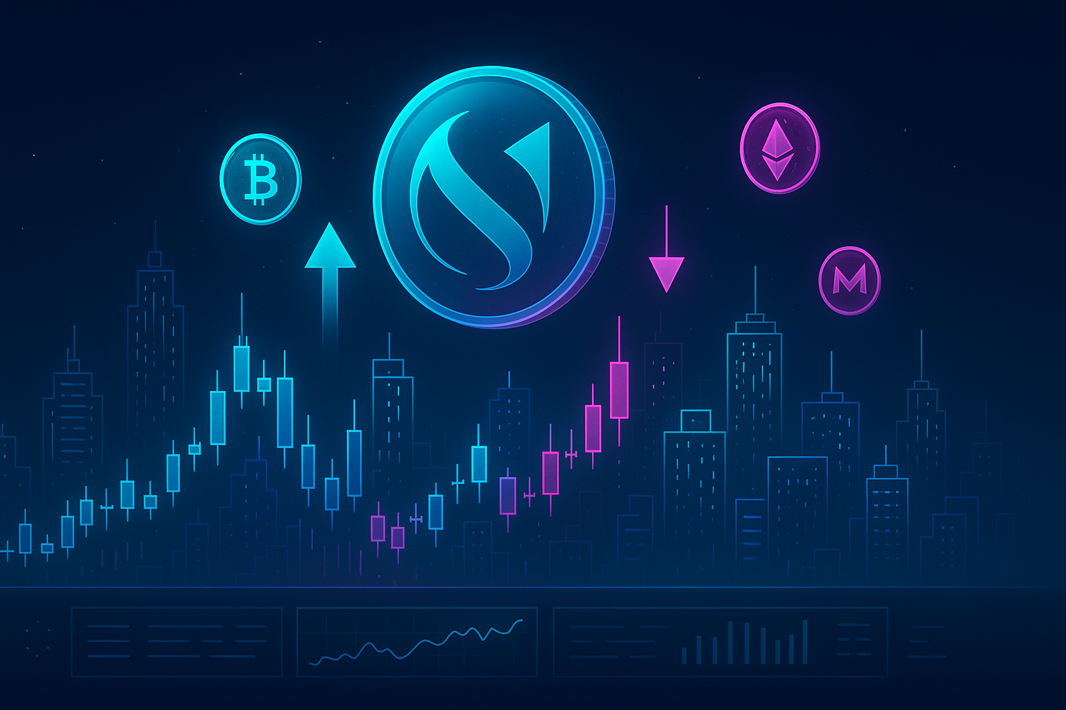 Futuristic holographic city skyline with INJ coin and crypto price charts at night