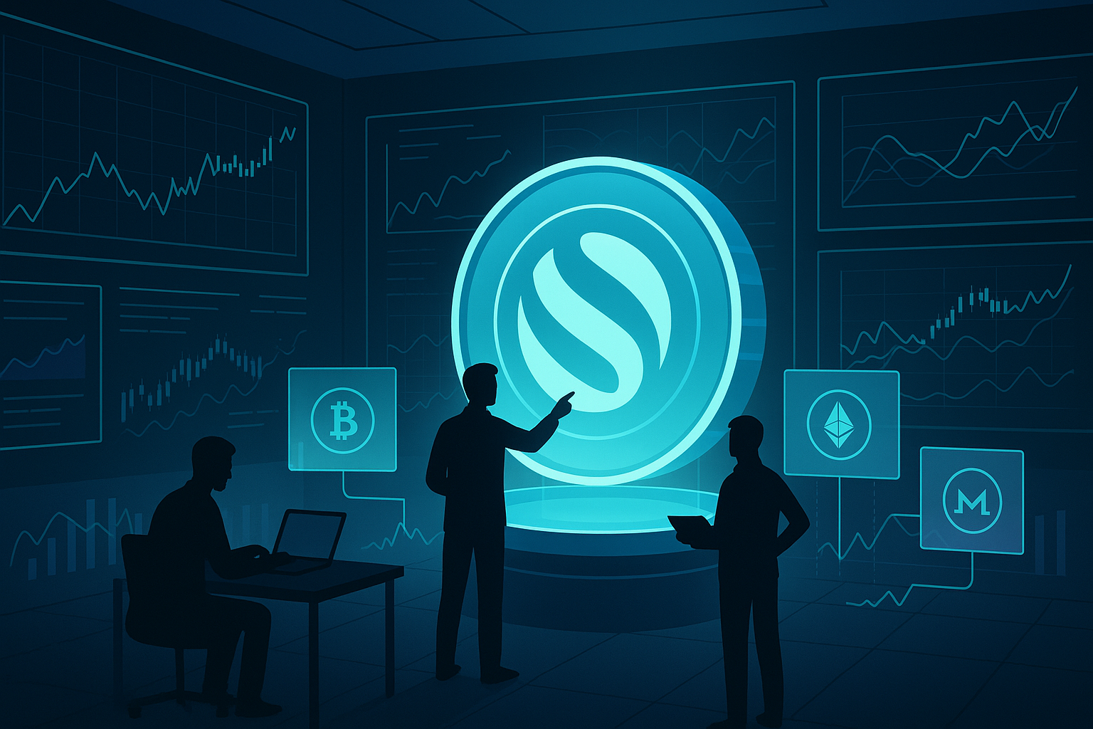 Futuristic crypto lab analyzing a giant INJ coin with price charts