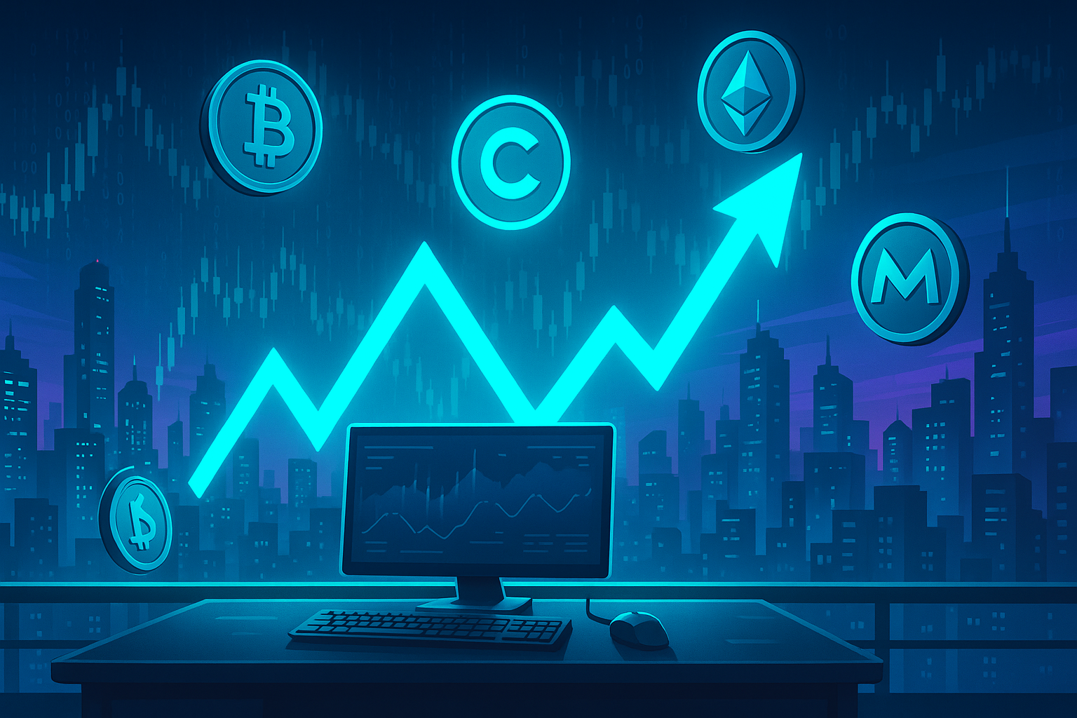 Futuristic crypto trading desk with holographic chart for Kaspa price prediction