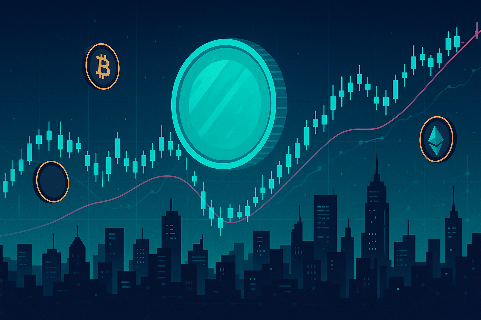 Futuristic crypto city skyline with glowing price charts and coins