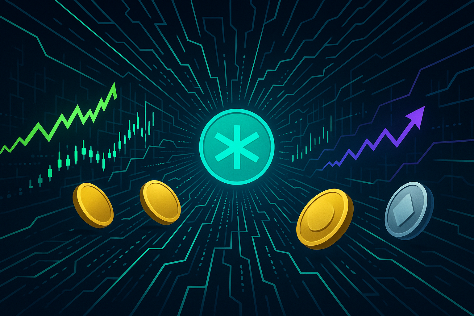 Futuristic Kaspa coin in digital tunnel with crypto price charts and trading signals