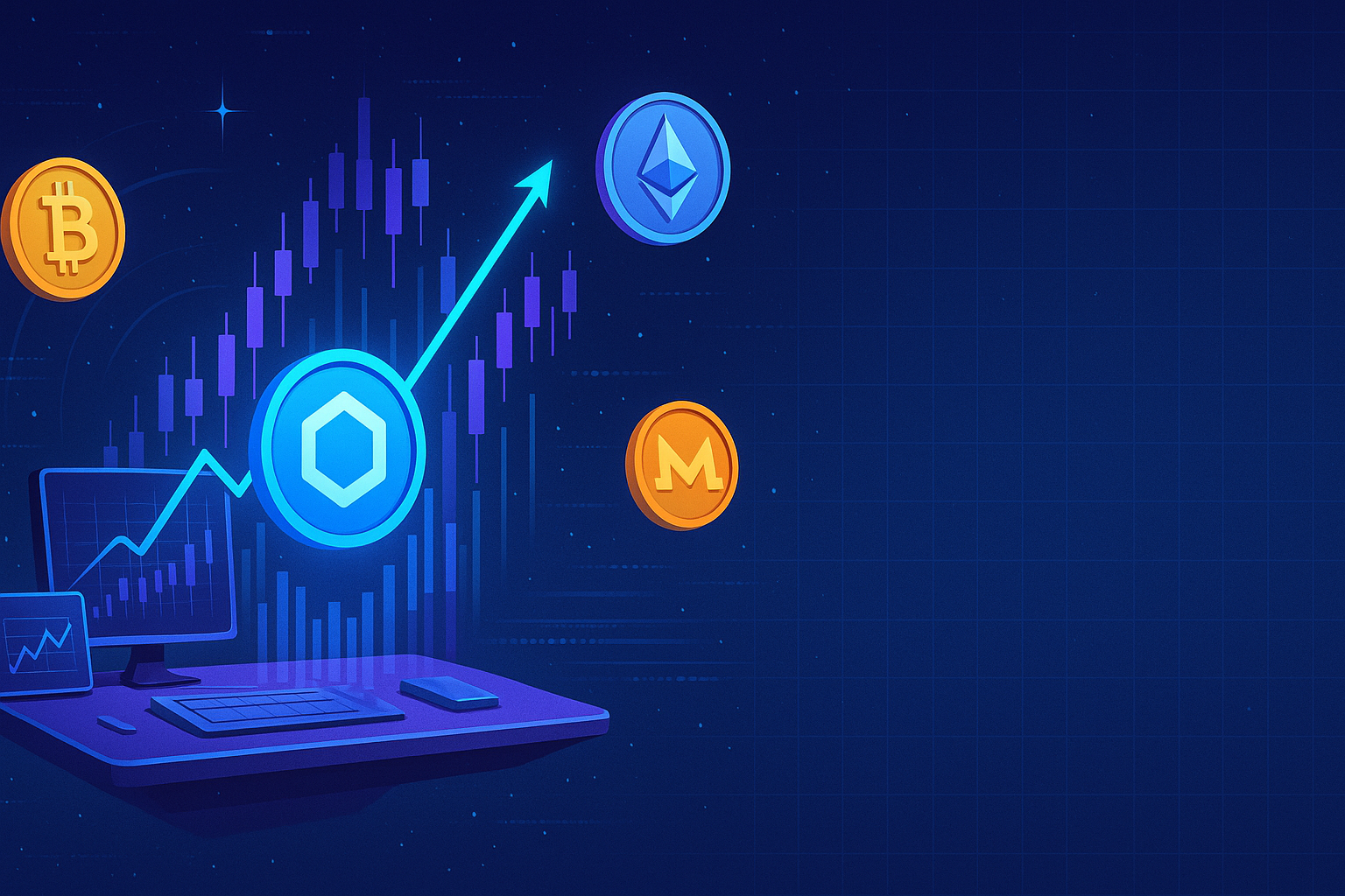 Futuristic crypto trading desk in space with rising LINK-style token charts