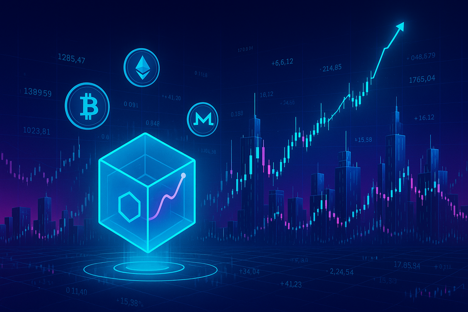 Futuristic holographic data city with LINK-style token showing rising price prediction curve