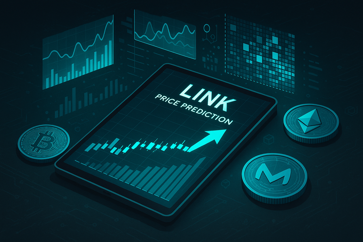LINK price prediction chart on glowing tablet with crypto coins and holographic analytics