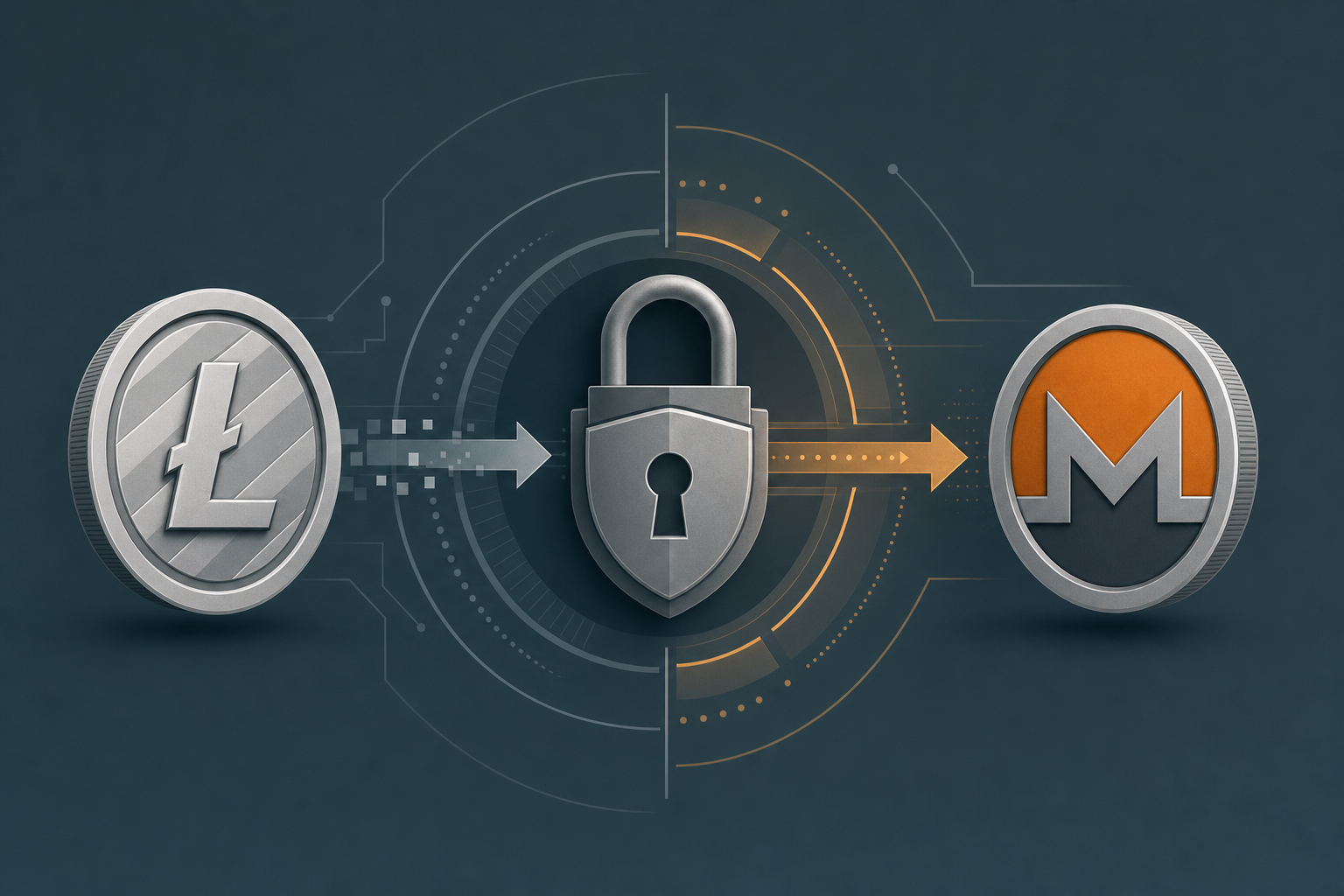 Litecoin token converting into a Monero token through a privacy lock, representing a no-KYC LTC to XMR swap.