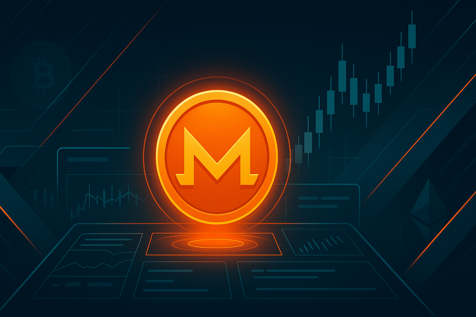 Monero-style orange coin on futuristic trading dashboard with rising candlestick charts