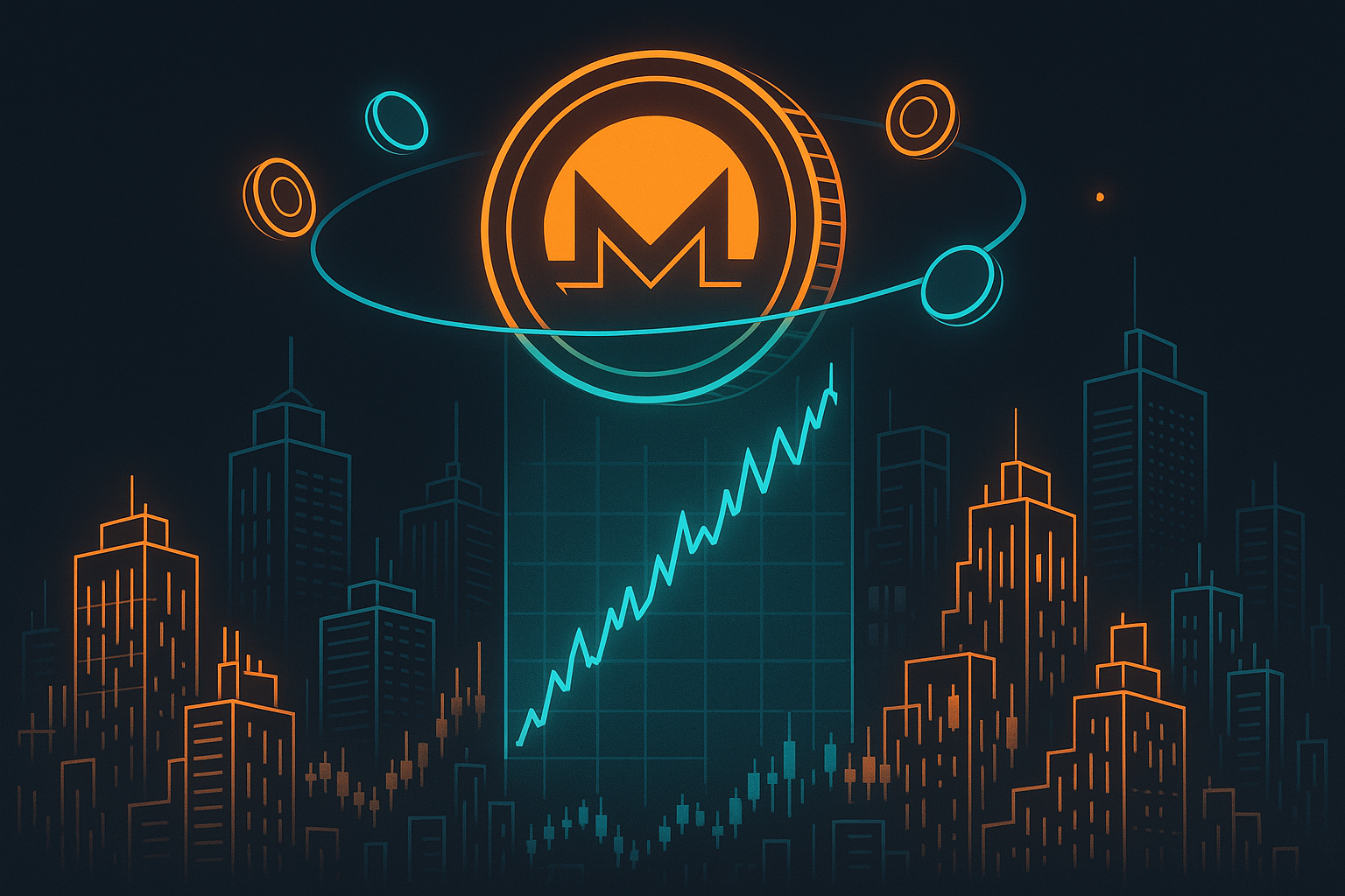 Cyberpunk city skyline of holographic charts with a Monero coin projecting crypto price predictions