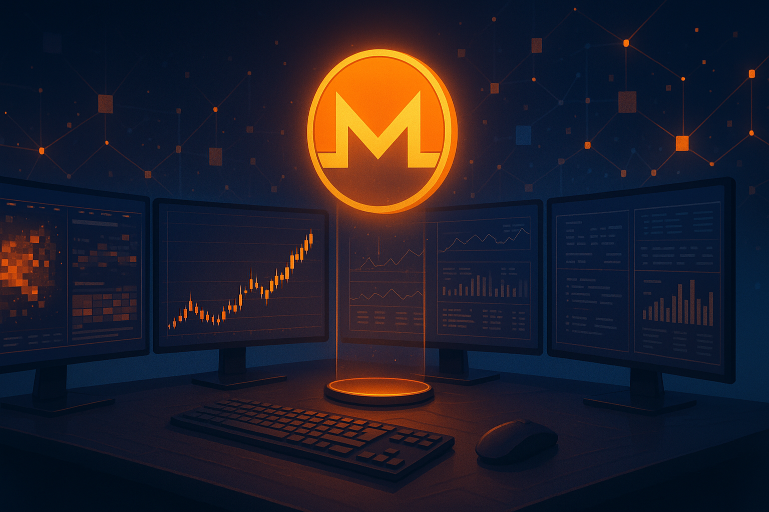 Trader desk with Monero-style hologram coin and price prediction charts on ultra-wide monitors