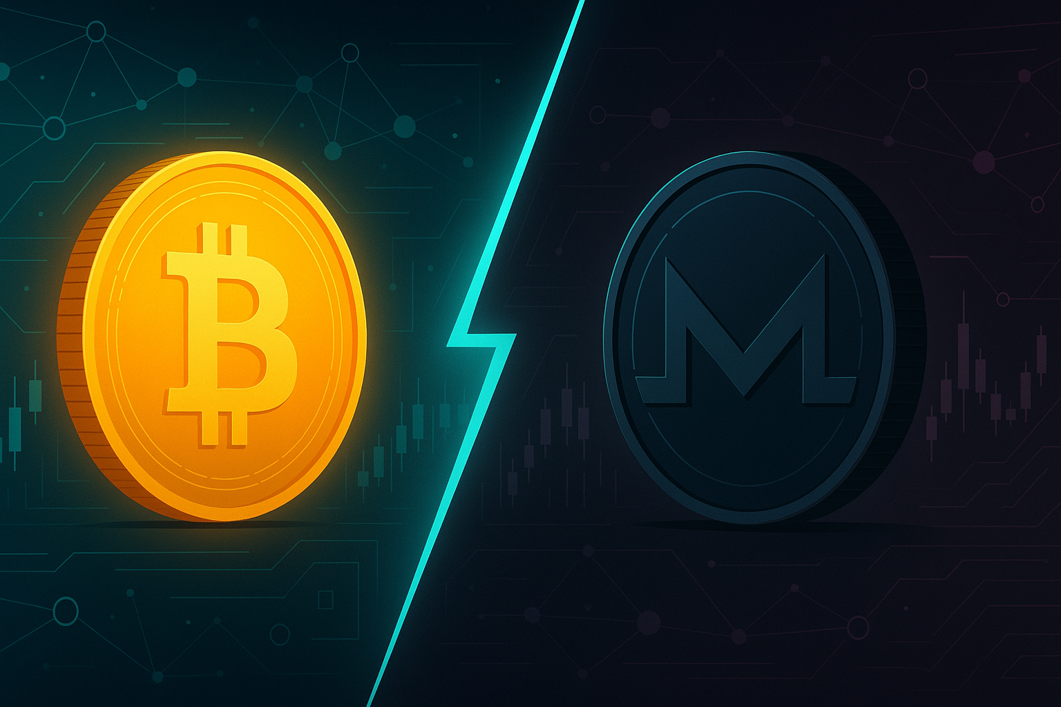 Dramatic crypto banner contrasting Bitcoin and Monero with light vs shadow blockchain visuals