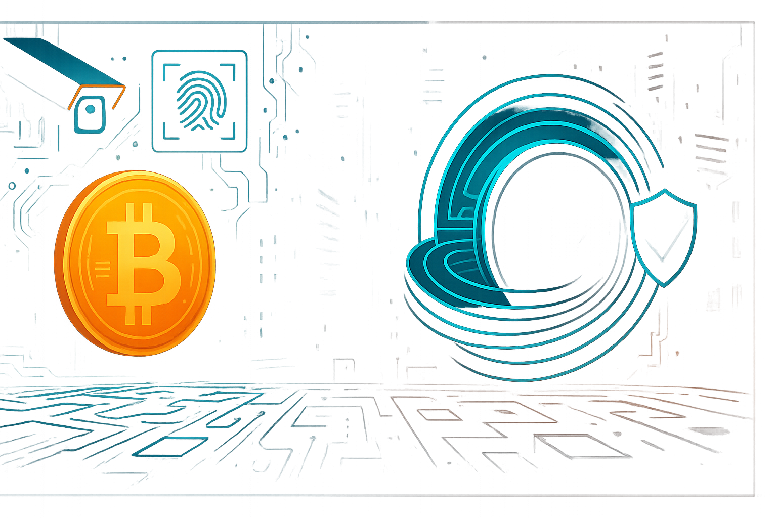 Neon cyber city with Bitcoin under surveillance and Monero protected by privacy shields at night