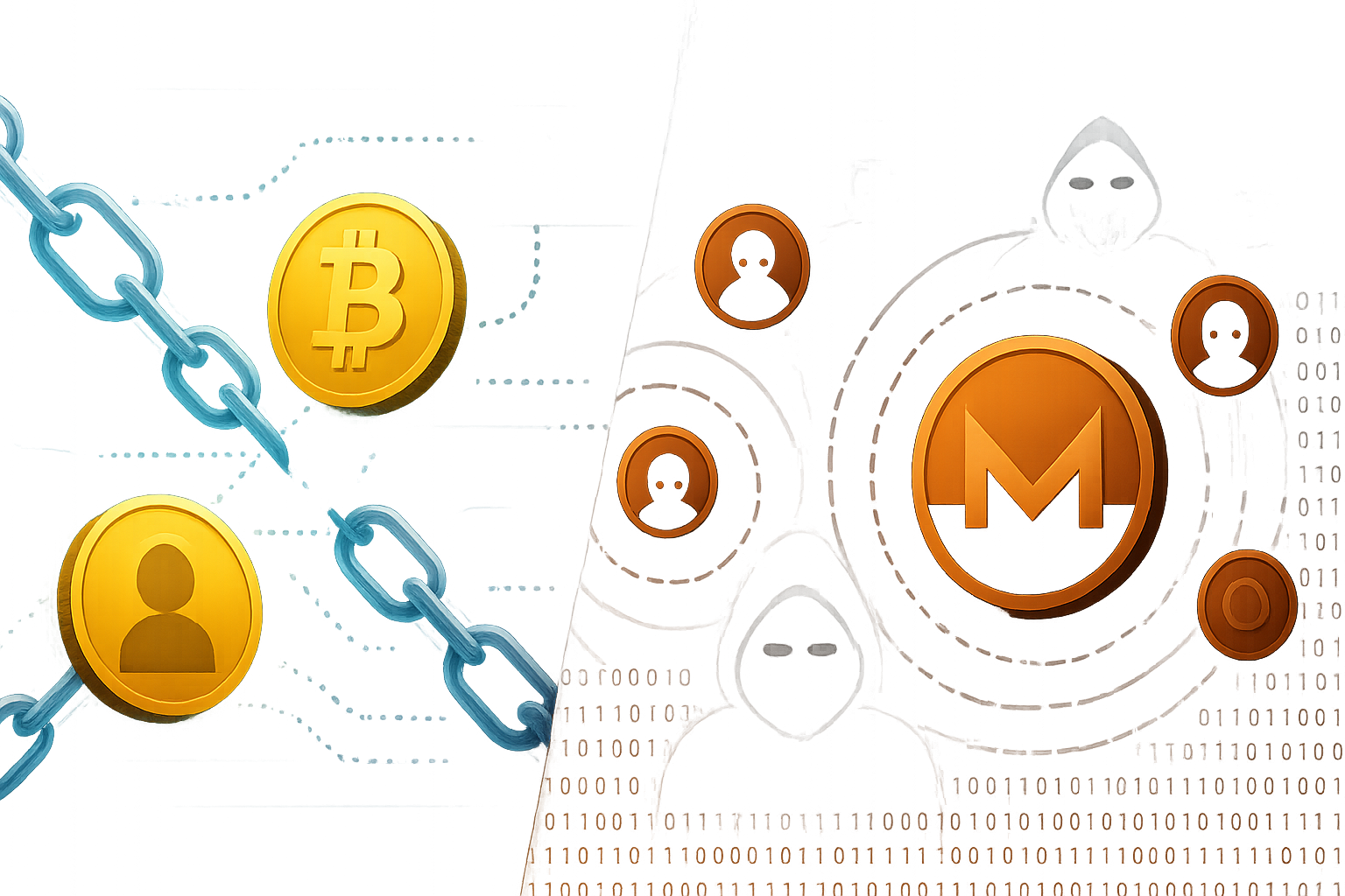 Split digital world map contrasting transparent Bitcoin chains with private Monero coins and masked avatars
