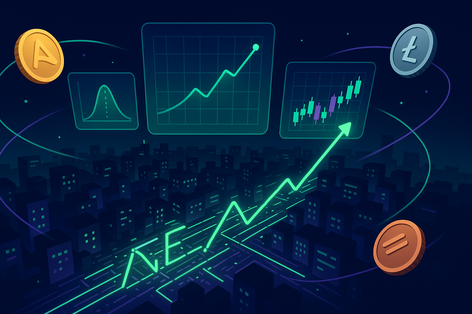 Futuristic neon city forming an upward NEAR price chart at night
