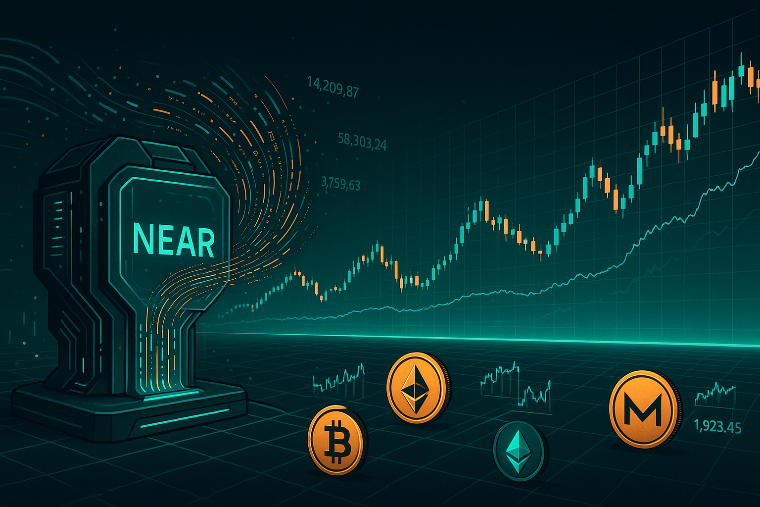 AI supercomputer forecasting NEAR price with crypto charts and coins
