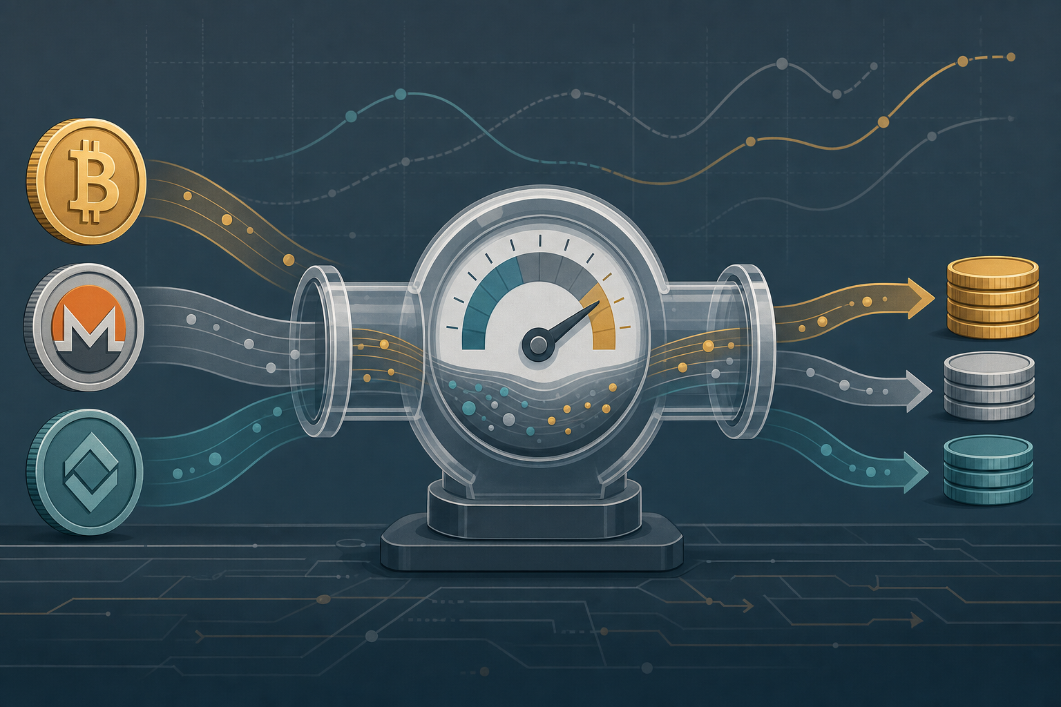 Illustration of crypto coins flowing through a pricing gauge, showing no-KYC exchange fee structures compared.