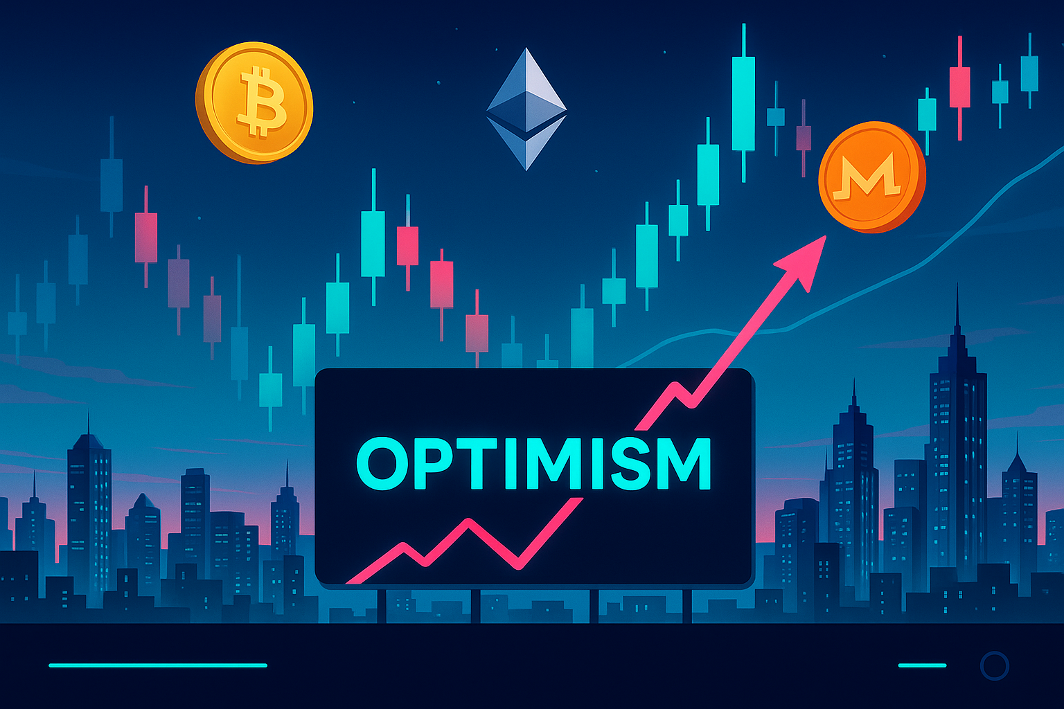 Futuristic crypto city with candlestick charts and Optimism price trend