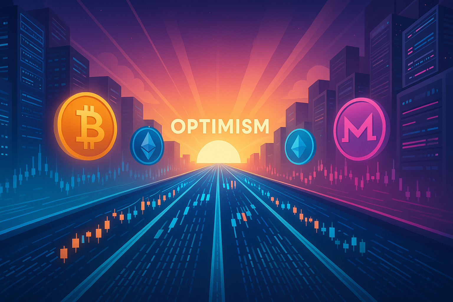 Digital data highway toward Optimism sunrise with crypto charts and coins