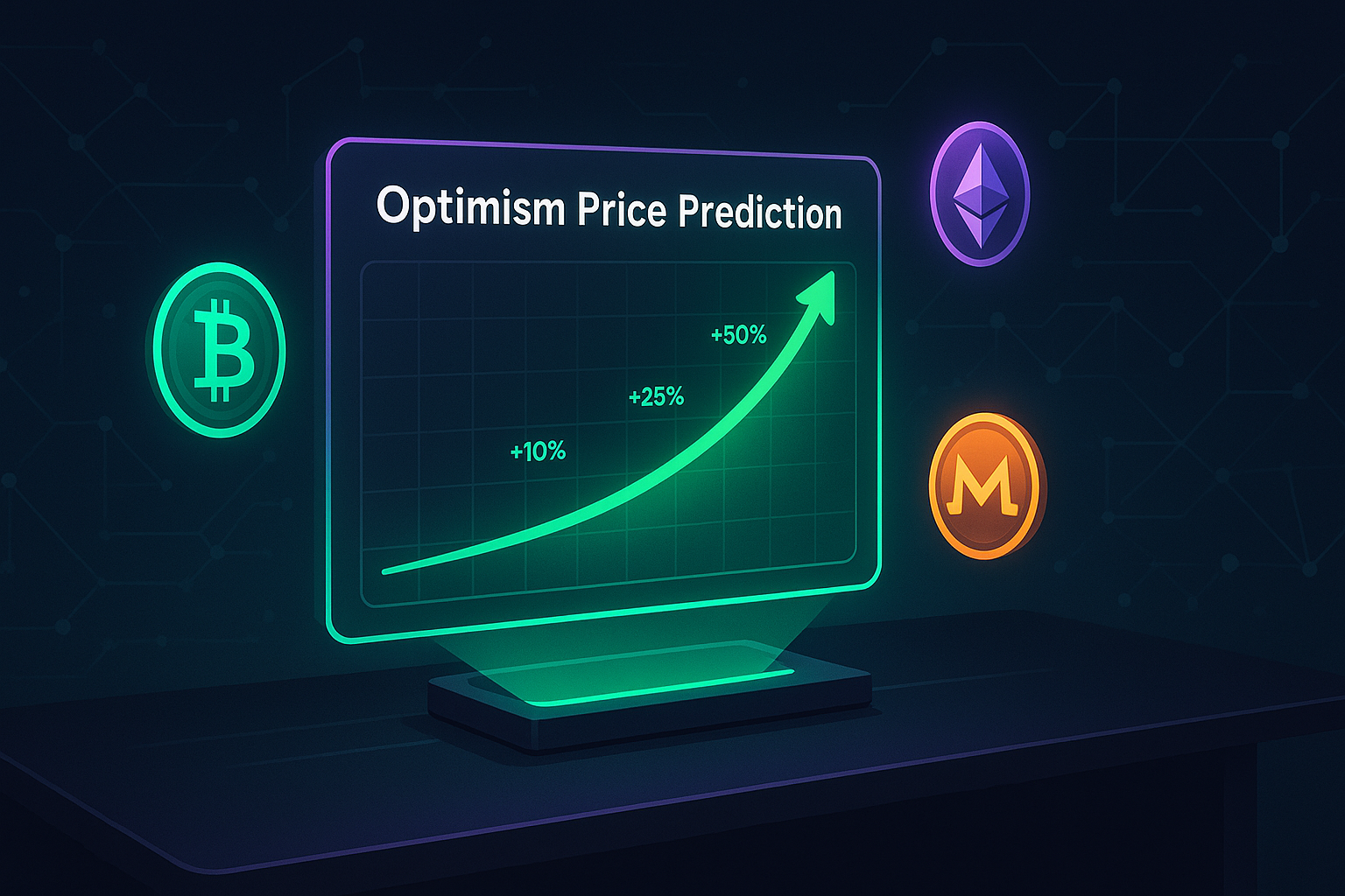 Optimism price prediction dashboard with rising chart and crypto coins
