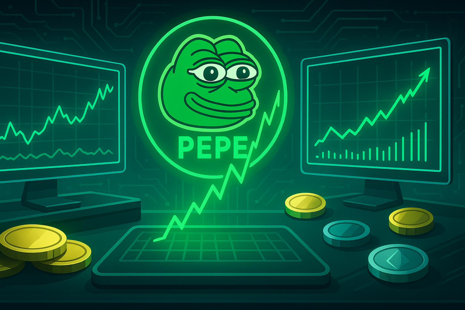 Futuristic crypto trading desk with rising PEPE coin charts and generic gold and silver tokens