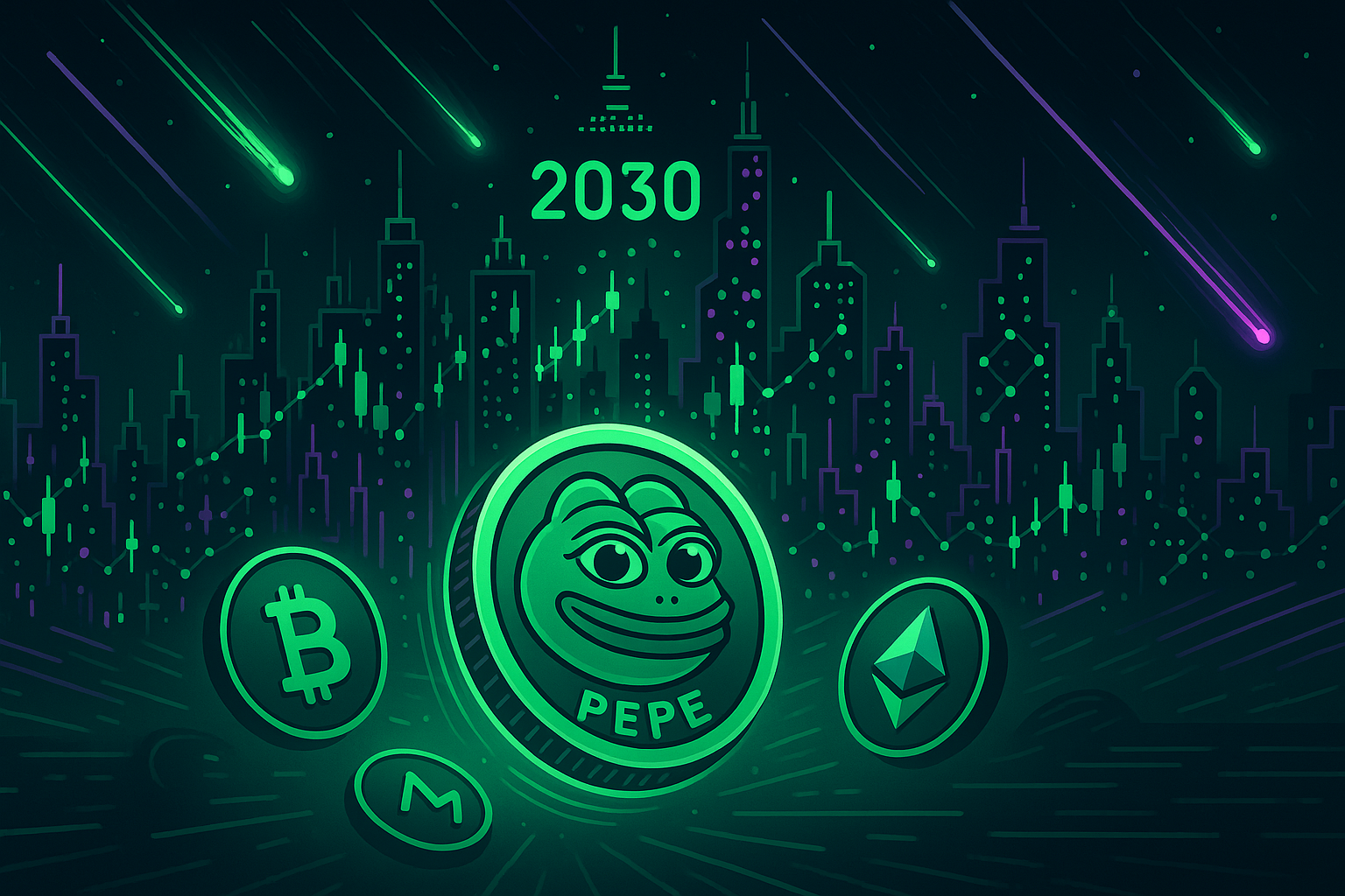 Cyberpunk 2030 skyline made of crypto charts with spinning green PEPE coin
