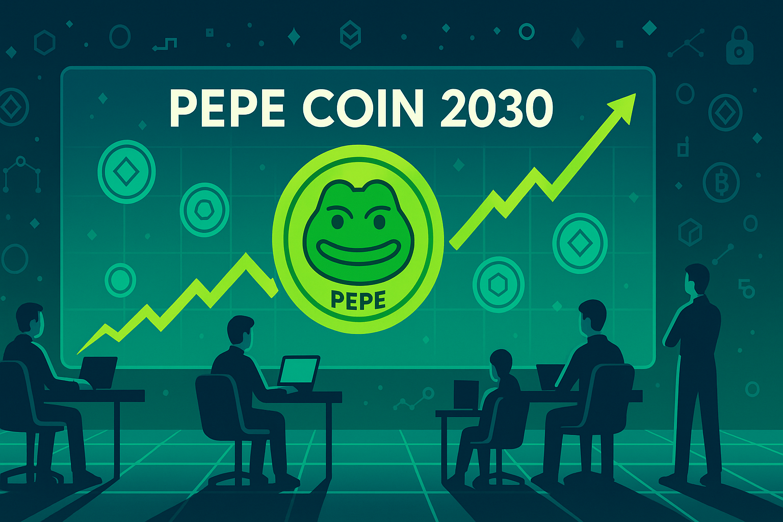 Futuristic digital war room analyzing PEPE coin 2030 price charts