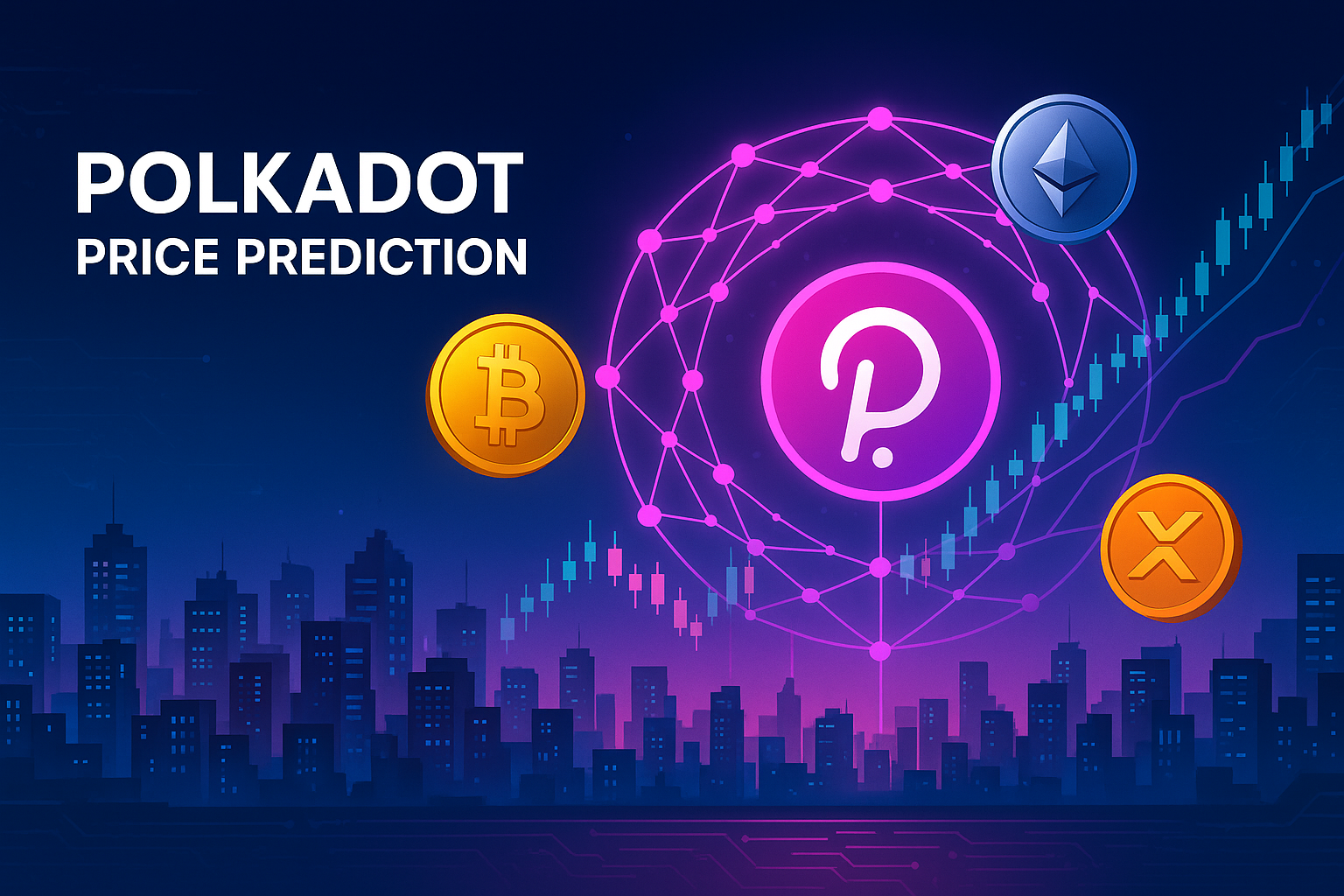 Polkadot price prediction banner with neon crypto city and rising chart