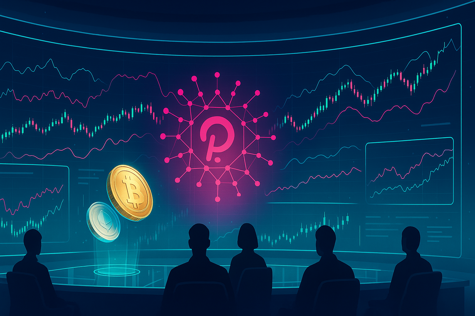 Futuristic trading room with DOT-style network graph and crypto charts on curved screen