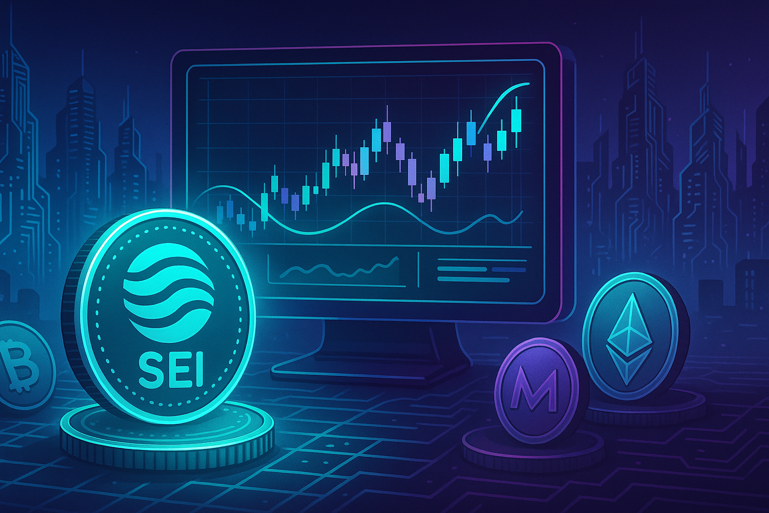 Futuristic trading terminal analyzing SEI price with crypto coins