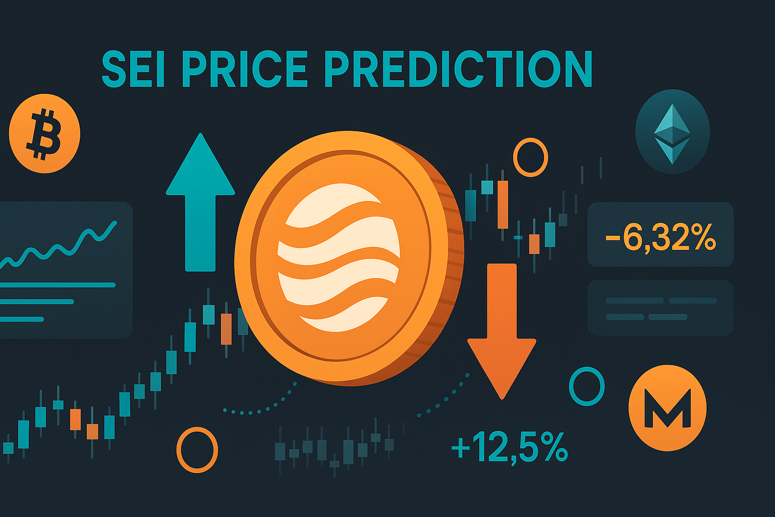 SEI price prediction dashboard with coin, candlesticks and trend lines on dark crypto banner