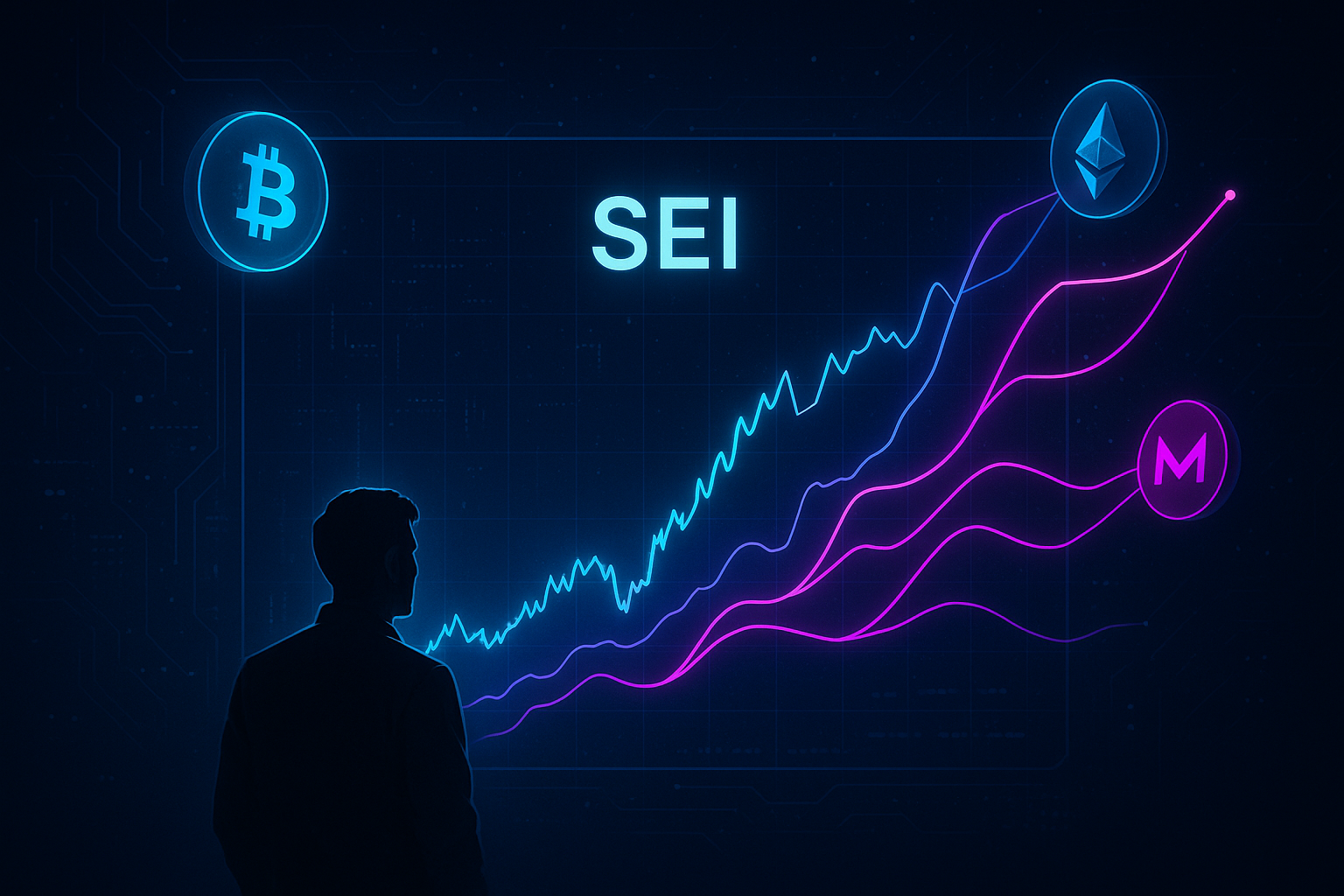 Crypto analyst studies SEI price prediction holographic chart with major coins in a cyberpunk data grid