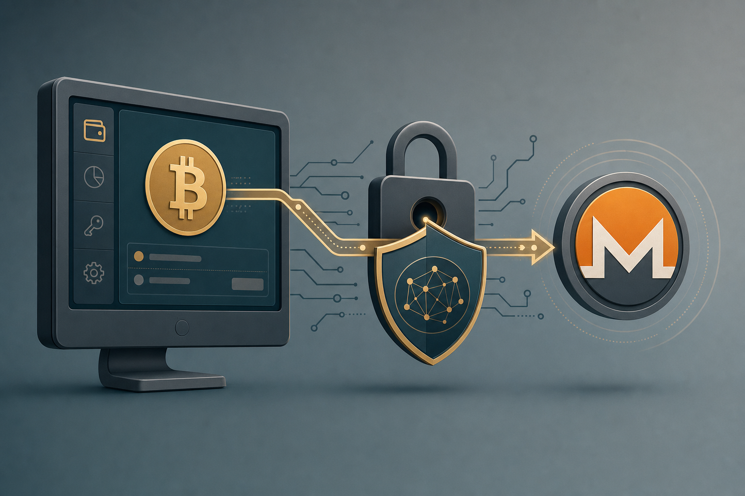 Bitcoin routing from a desktop wallet into a Monero privacy token through a lock and shield icon