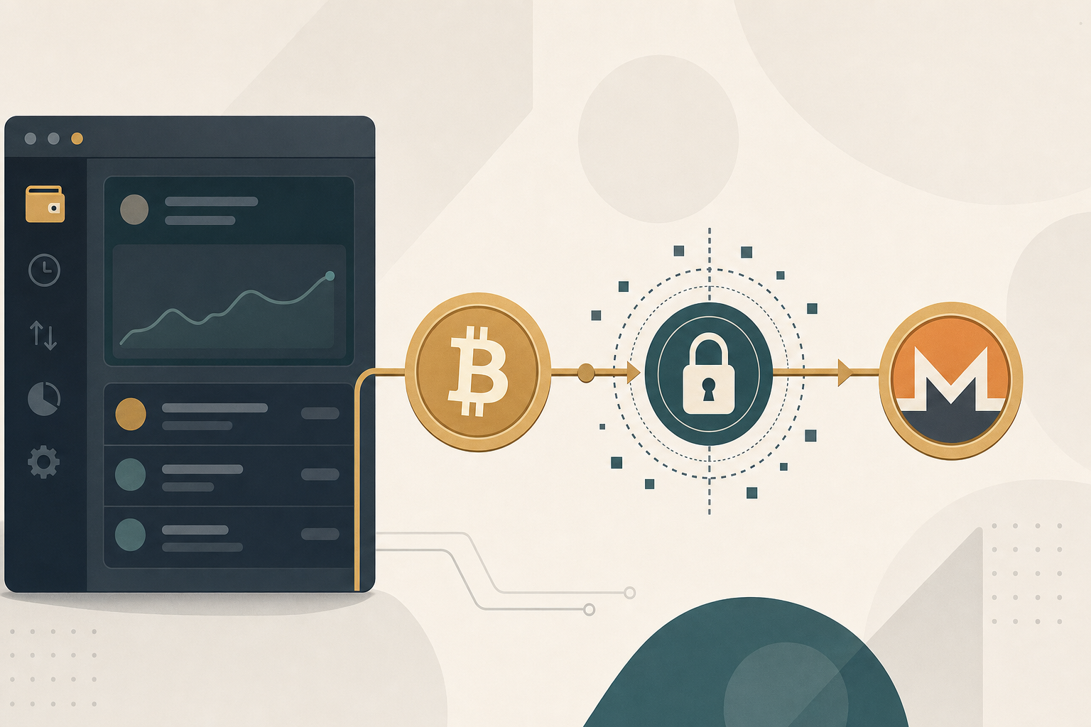Illustration of Bitcoin routing into Monero through a privacy lock beside a desktop wallet panel