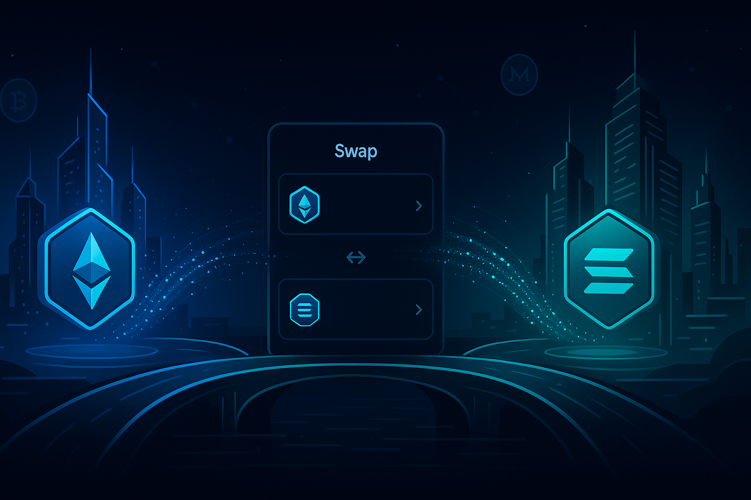 Decentralized exchange interface swapping ETH to SOL between two futuristic crypto cities