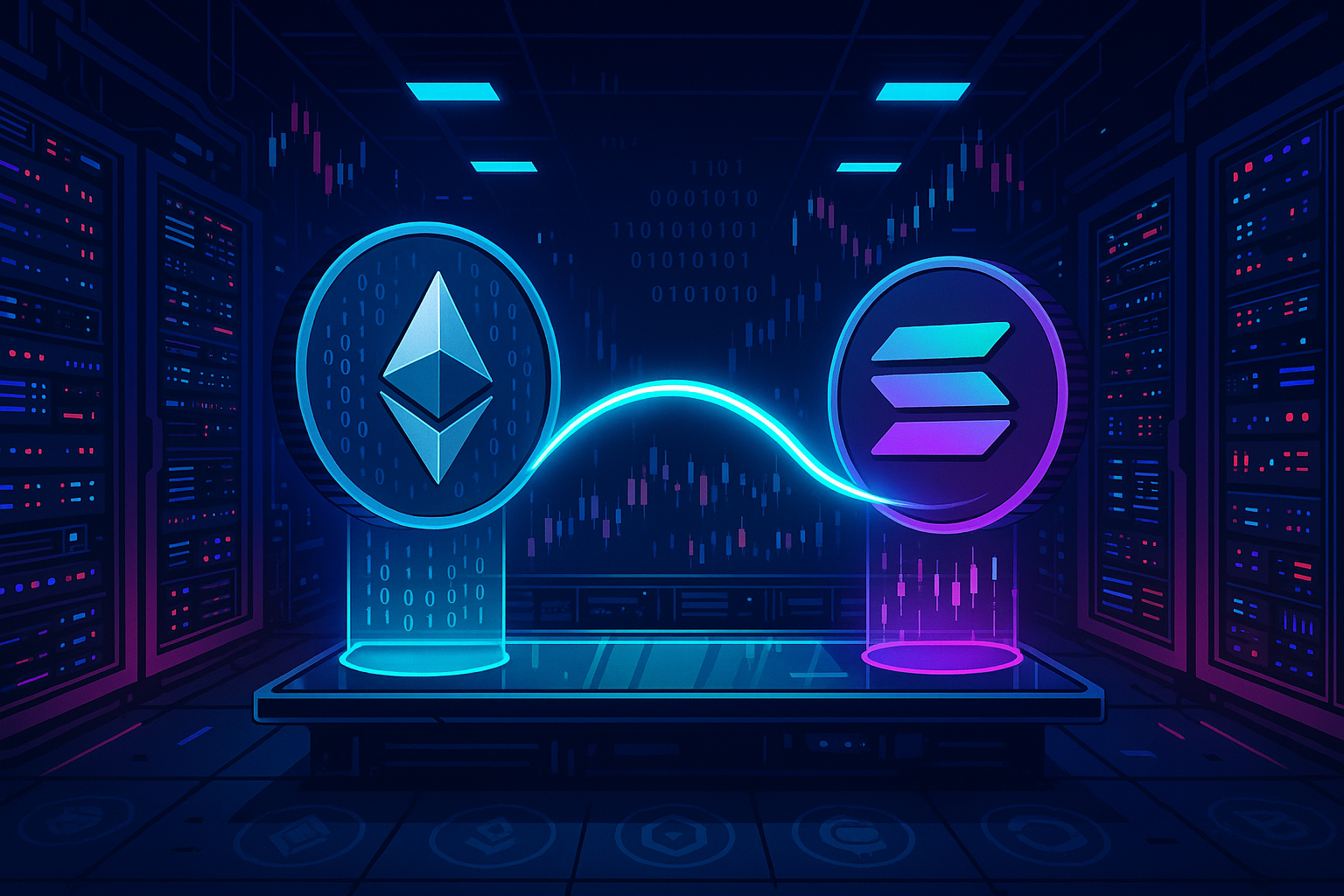 Cyberpunk server room showing ETH to SOL crypto swap with holographic coins