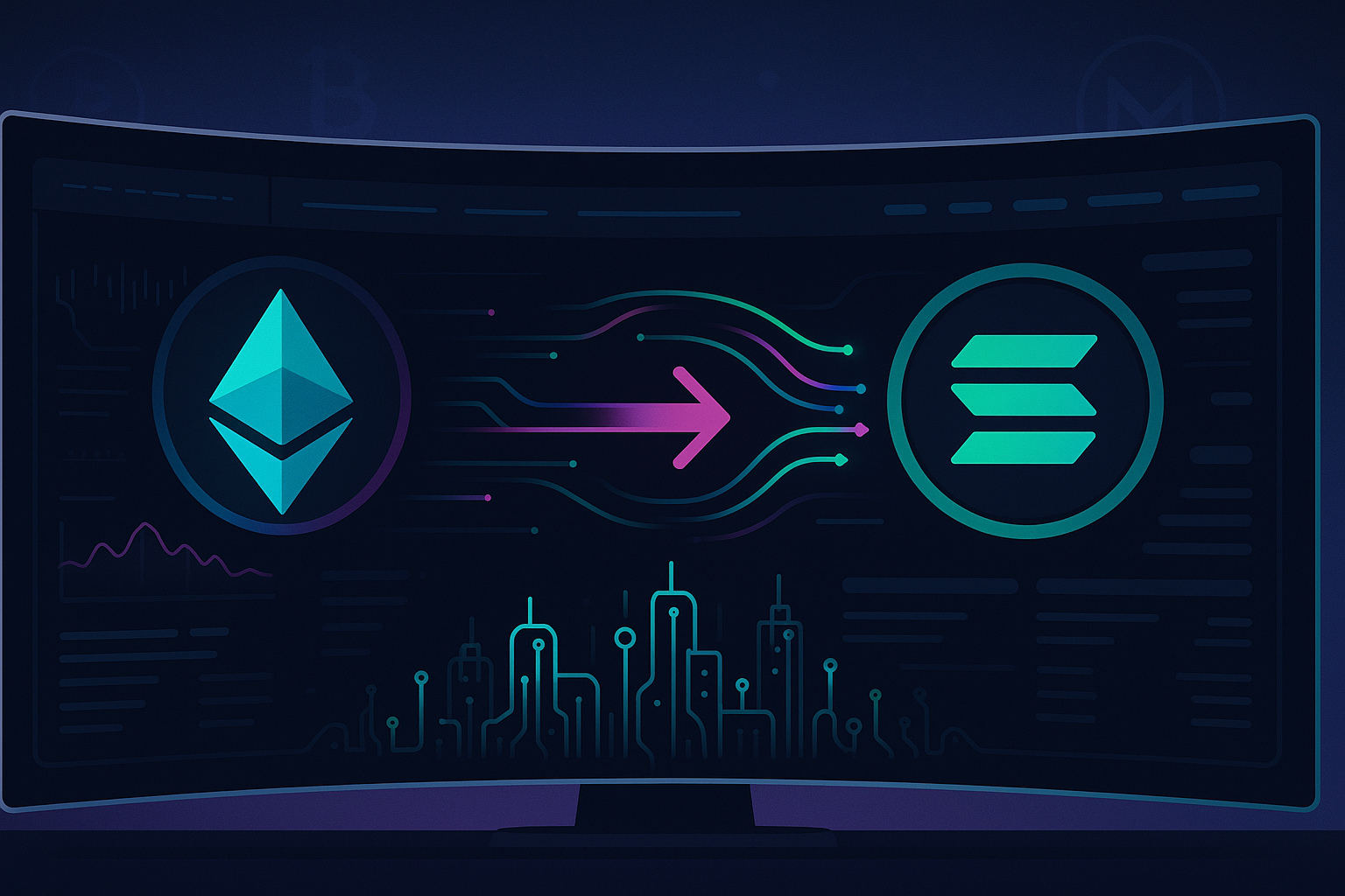 Futuristic crypto dashboard showing ETH to SOL swap route in dark mode