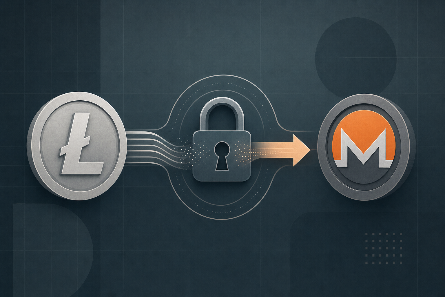 Litecoin token converting into a Monero token through a privacy lock, clean vector illustration