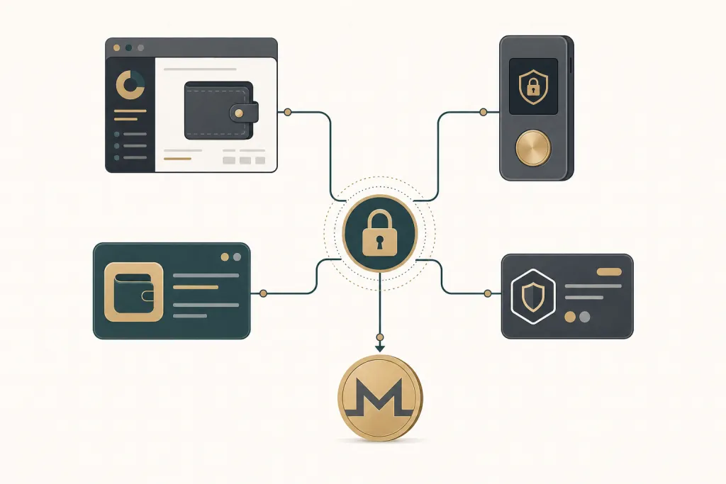 Illustration of four crypto wallets routing Bitcoin through a privacy lock into a single Monero coin