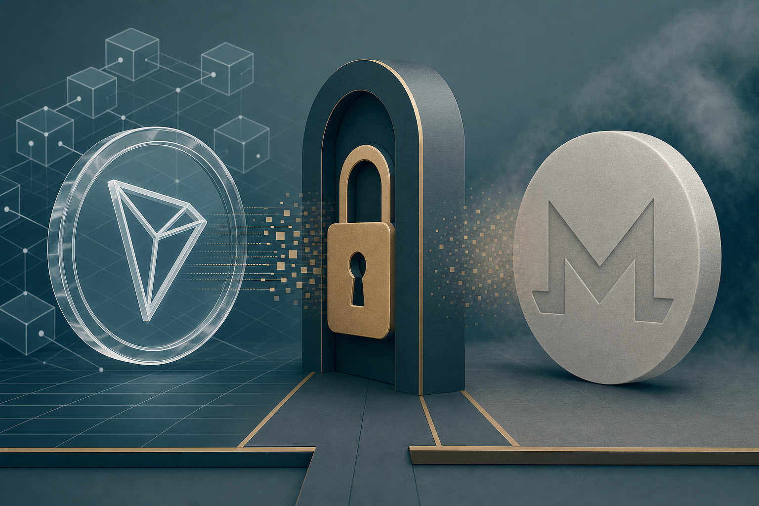 Transparent TRON token converting into a frosted Monero token through a privacy lock, illustrating a no-KYC swap